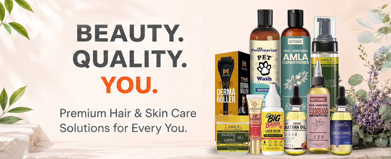 Collection of skincare and hair care products with promotional text on a light background.