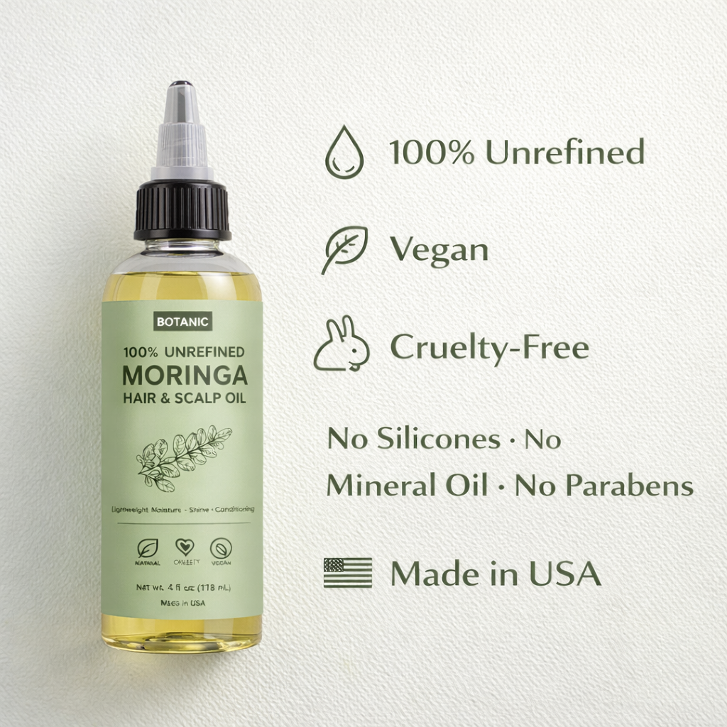 100% Unrefined Moringa Hair &amp; Scalp Oil Lightweight Moisture, Shine &amp; Conditioning | Vegan, Cruelty-Free 4 fl oz (118 mL)