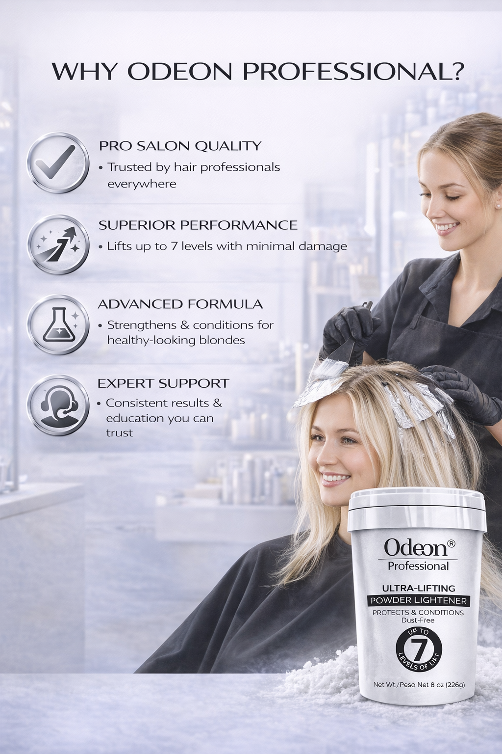 Odeon® Professional Ultra-Lifting Powder Lightener – Dust-Free Bleach, Up to 7 Levels of Lift (8 Oz)