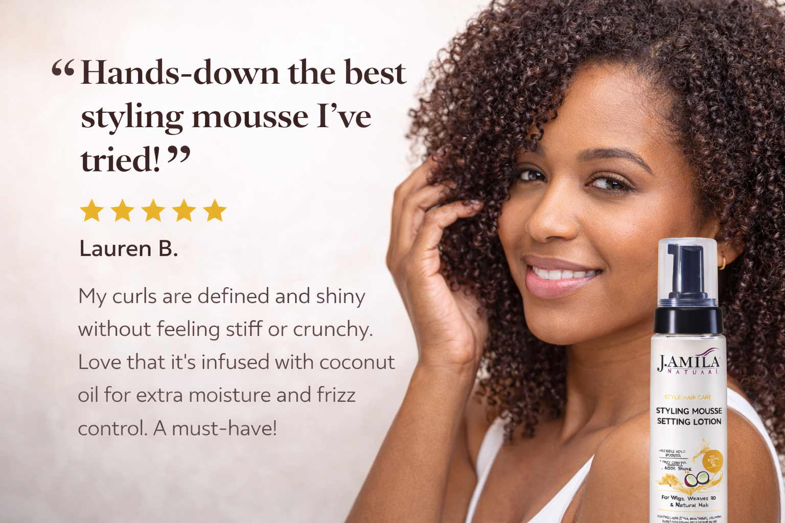 J. Amila Natural Styling Mousse Setting Lotion with Coconut Oil – Flexible Hold, Frizz Control &amp; Shine – For Wigs, Weaves &amp; Natural Hair (8oz)