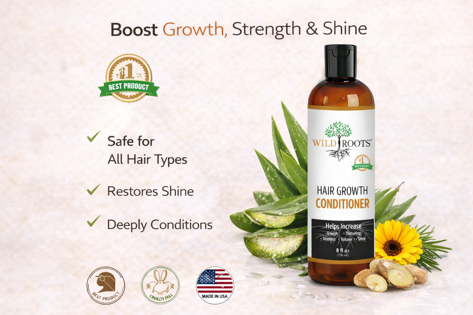 Wild Roots Hair Growth Conditioner – Strengthening &amp; Thickening Treatment for Fuller, Healthier Hair (8oz)