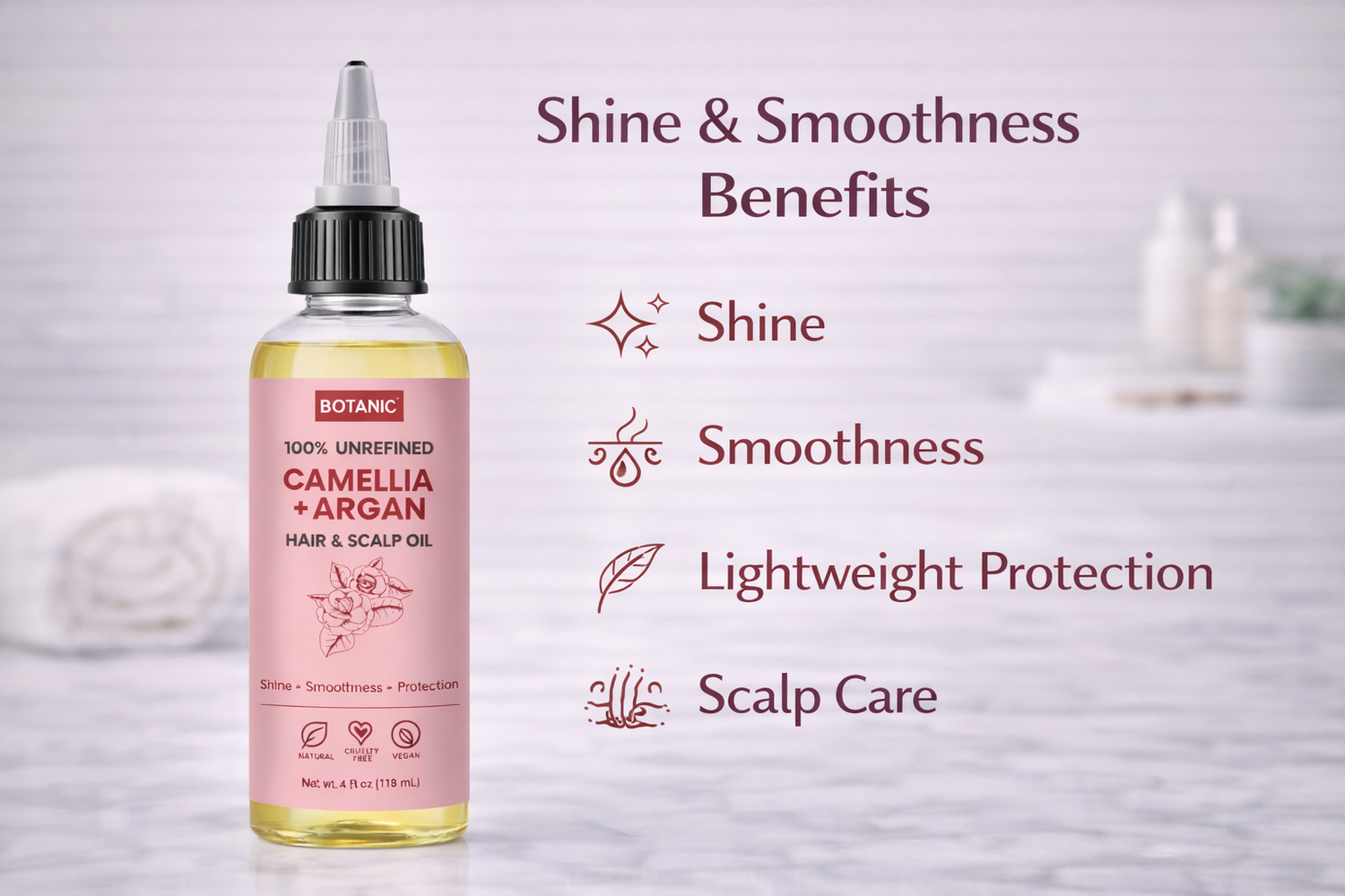 100% Unrefined Camellia + Argan Hair &amp; Scalp Oil – Shine, Smoothness &amp; Protection | Vegan, Cruelty-Free 4 fl oz (118 mL)