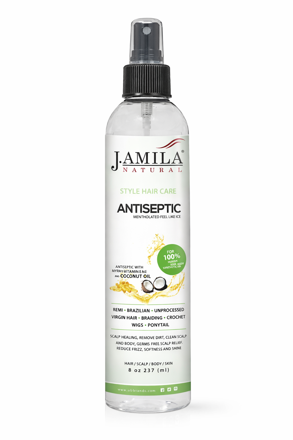 J. Amila Natural Antiseptic Spray with Coconut Oil – Mentholated Scalp Relief, Itch Control &amp; Scalp Detox for Wigs, Braids &amp; Natural Hair (8 oz / 237 ml)