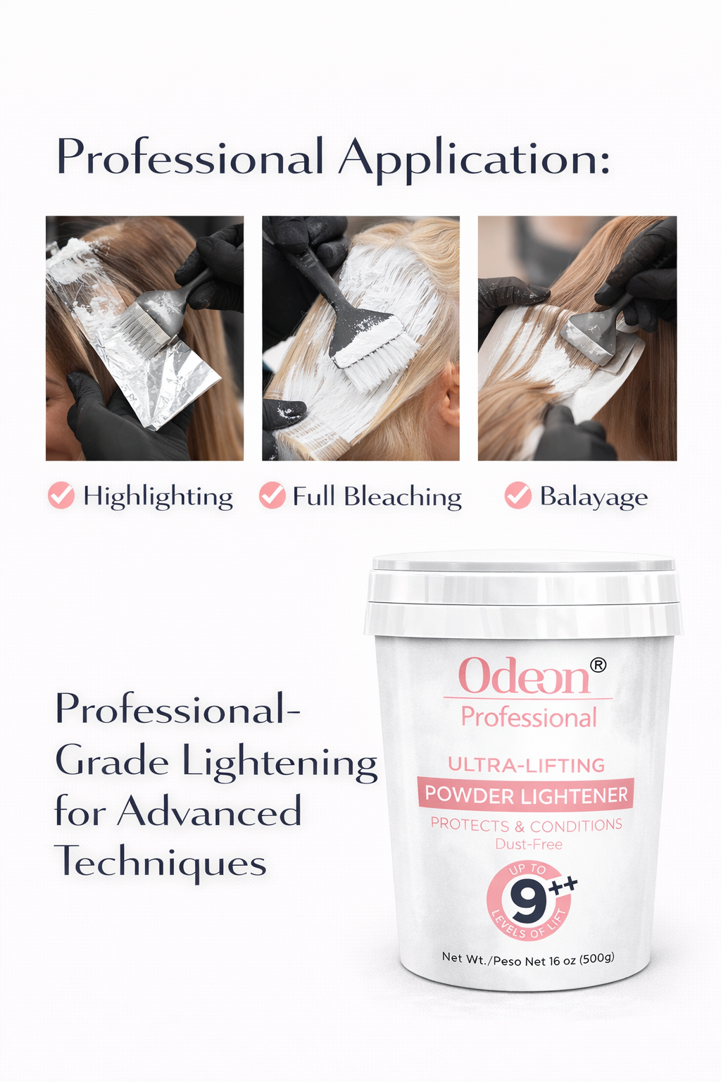 Odeon® Professional Ultra-Lifting Powder Lightener – Up to 9++ Levels 16oz Includes Mixing Bowl &amp; Dye Brush