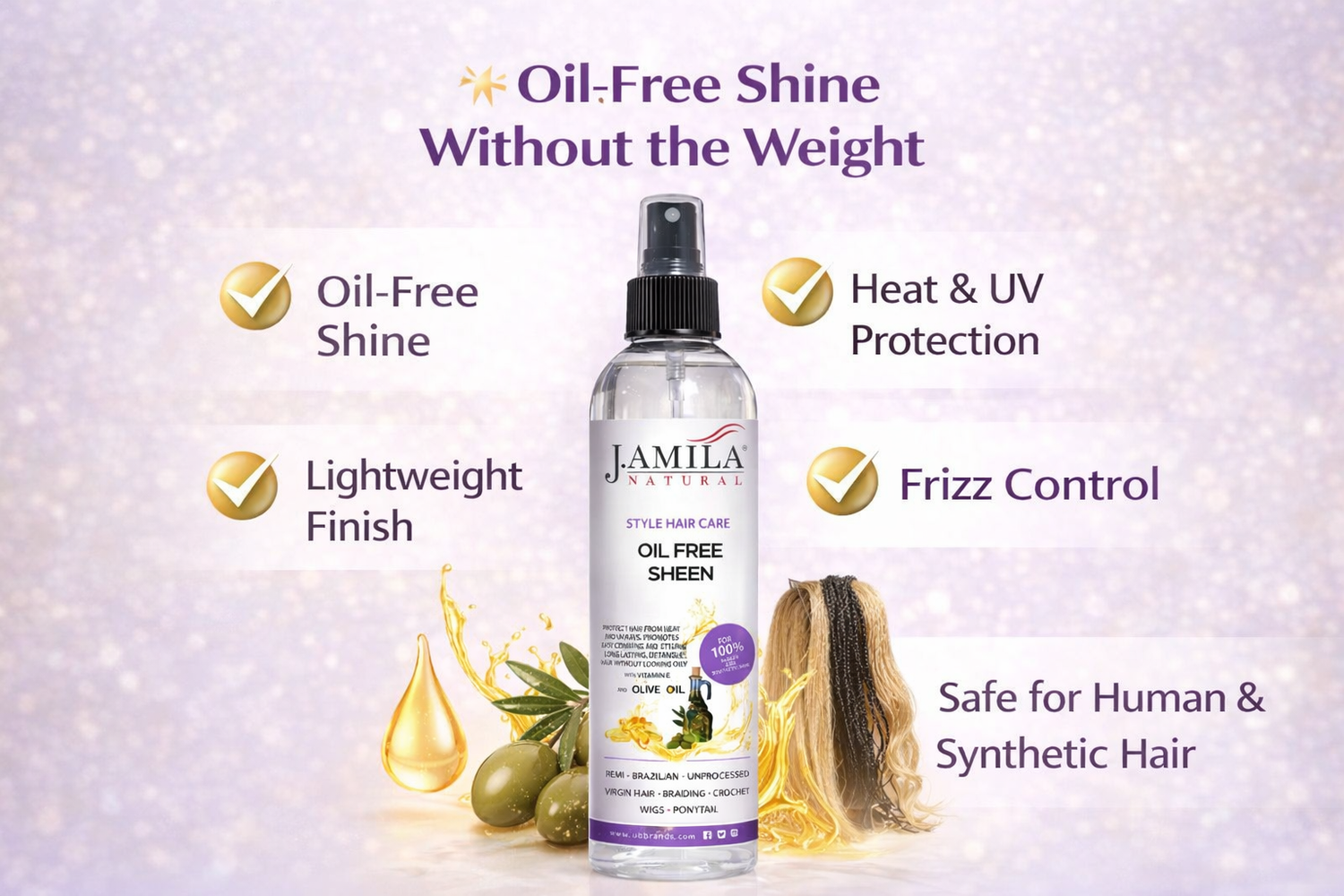 J. AMILA Natural Oil Free Sheen Spray with Vitamin E &amp; Olive Oil – Lightweight Shine, Heat &amp; UV Protection for Wigs, Braids &amp; Natural Hair 8 oz 237 ml