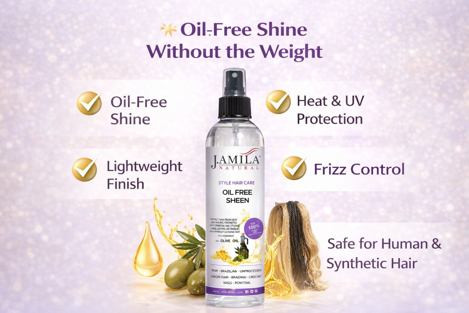 J. AMILA Natural Oil Free Sheen Spray with Vitamin E &amp; Olive Oil – Lightweight Shine, Heat &amp; UV Protection for Wigs, Braids &amp; Natural Hair 8 oz 237 ml