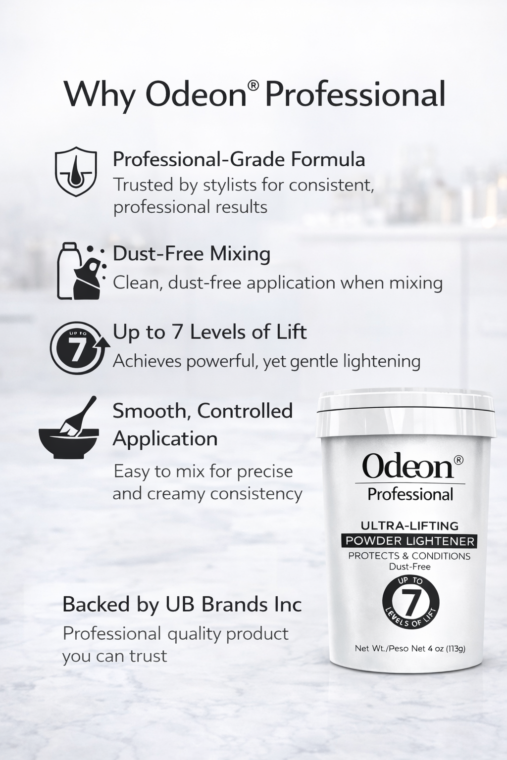 Odeon® Professional Ultra-Lifting Powder Lightener – Dust-Free Bleach, Up to 7 Levels of Lift (4 Oz)