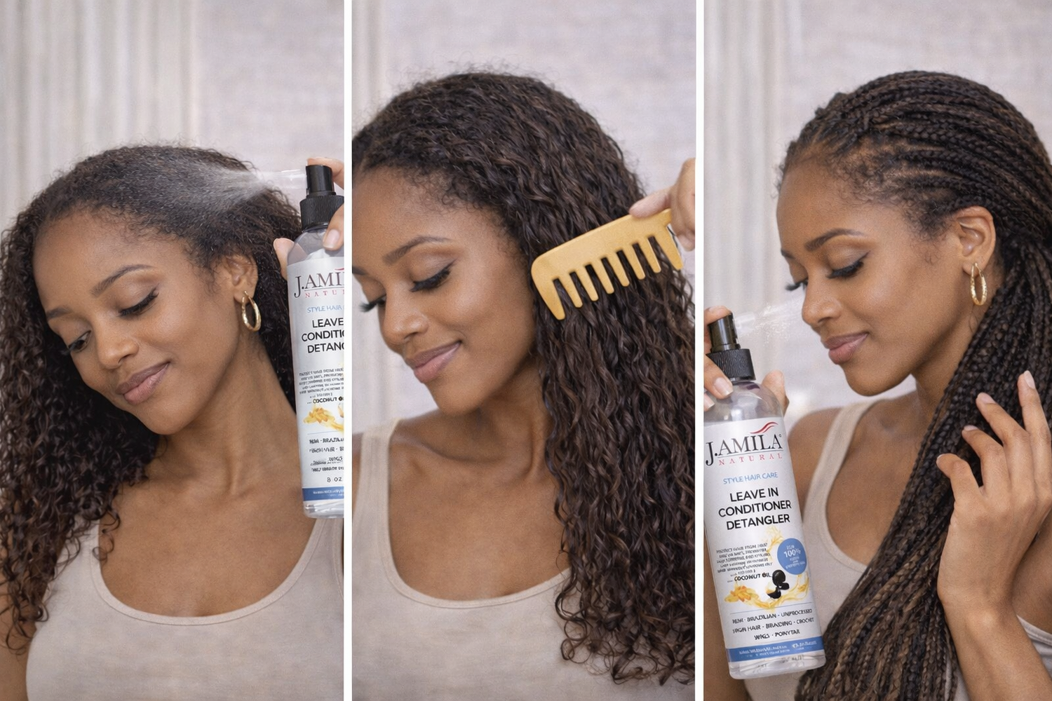 J. AMILA Natural Leave-In Conditioner &amp; Detangler with Vitamin E &amp; Coconut Oil – Heat &amp; UV Protection for Natural, Wigs, Braids &amp; Synthetic Hair (8 oz)