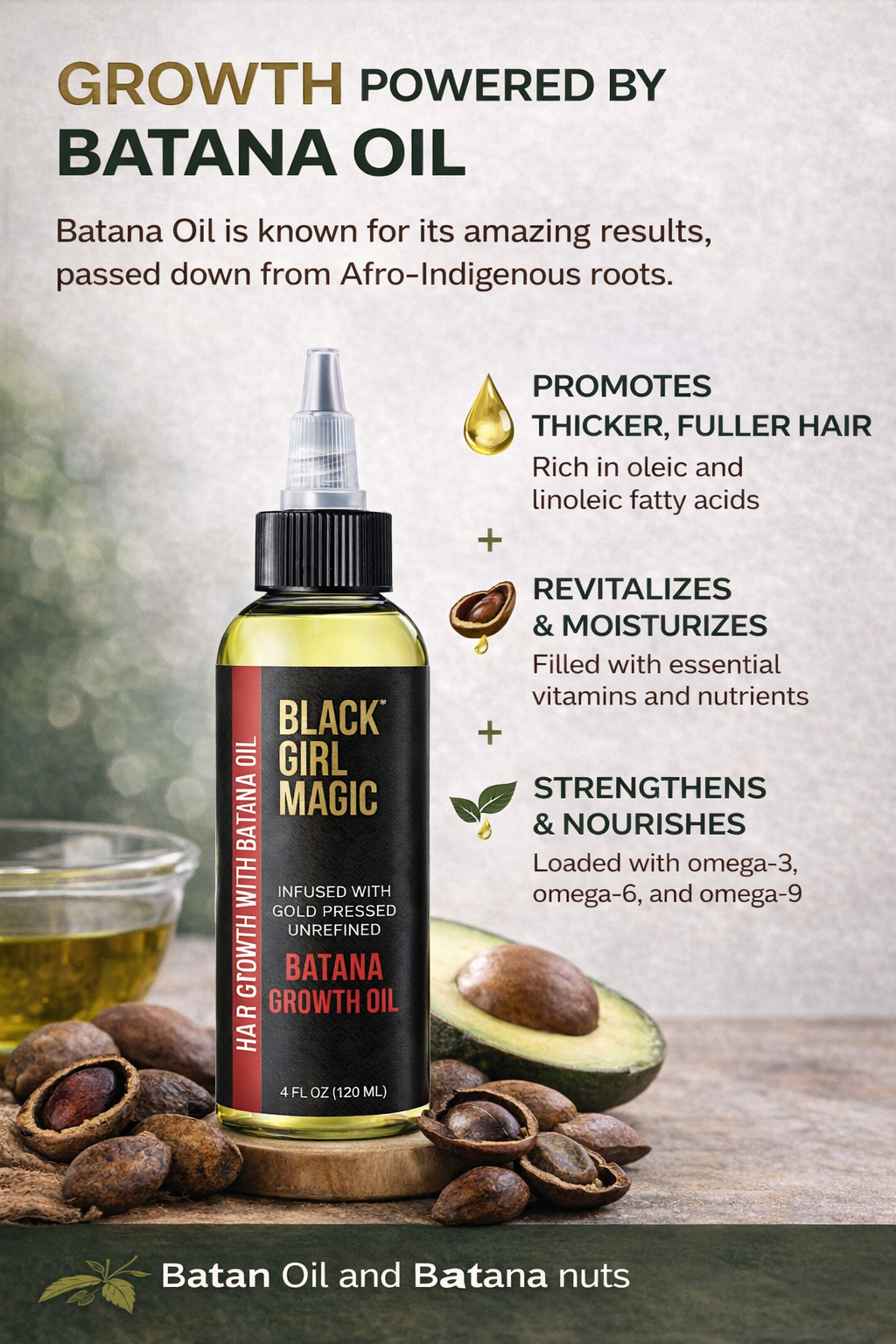 Black Girl Magic infused with gold press Unrefined Batana growth hair oil 4 Oz