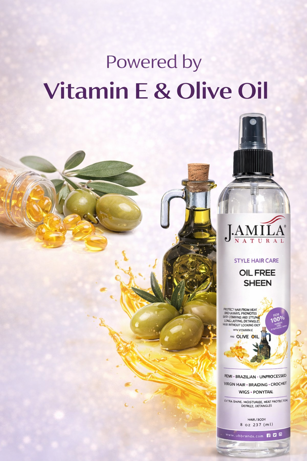 J. AMILA Natural Oil Free Sheen Spray with Vitamin E &amp; Olive Oil – Lightweight Shine, Heat &amp; UV Protection for Wigs, Braids &amp; Natural Hair 8 oz 237 ml