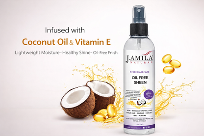 J. AMILA Natural Oil Free Sheen Spray with Vitamin E &amp; Coconut Oil – Lightweight Shine, Heat &amp; UV Protection for Wigs, Braids &amp; Natural Hair 8 oz 237 ml
