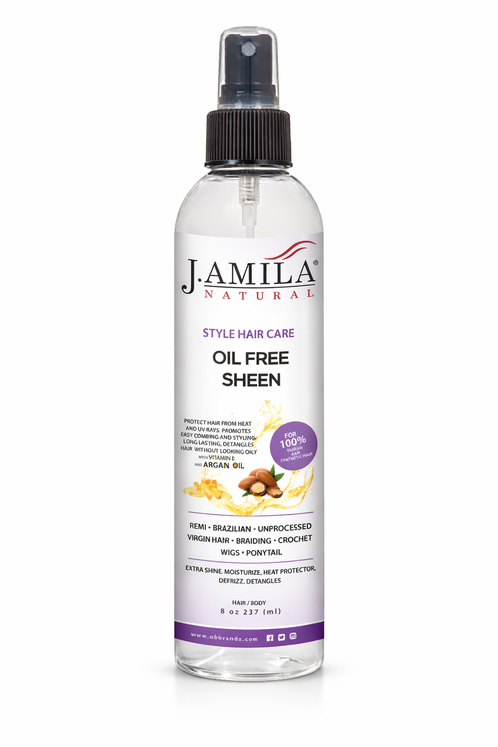 J. AMILA Natural Oil Free Sheen Spray with Vitamin E &amp; Argan Oil – Lightweight Shine, Heat &amp; UV Protection for Wigs, Braids &amp; Natural Hair 8 oz 237 ml