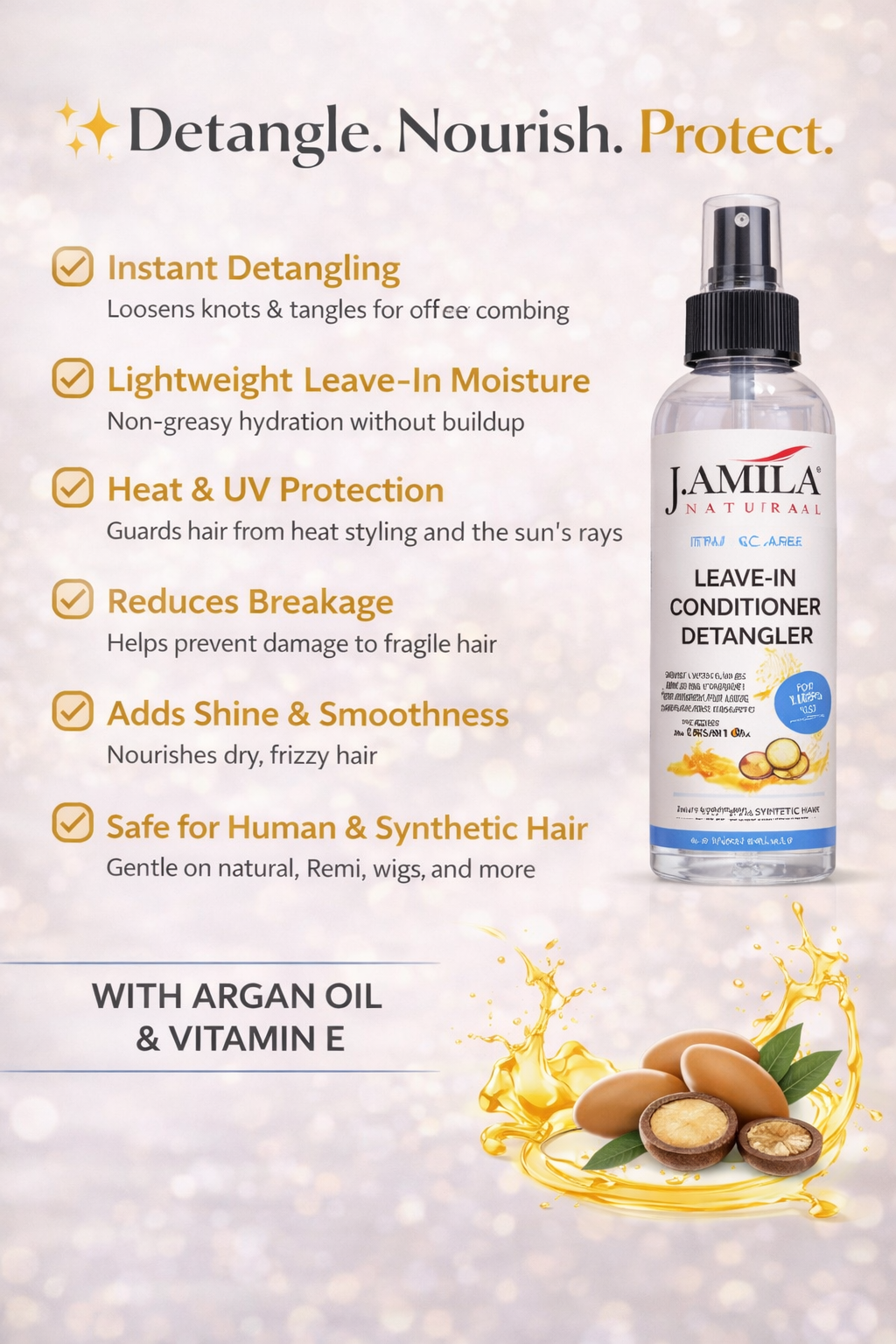 J. AMILA Natural Leave-In Conditioner &amp; Detangler with Vitamin E &amp; Argan Oil – Heat &amp; UV Protection for Natural, Wigs, Braids &amp; Synthetic Hair (8 oz)