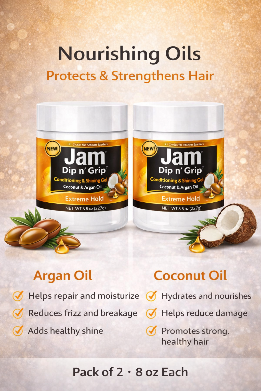 Jam Dip n’ Grip Extreme Hold Hair Gel – Conditioning &amp; Shining Gel with Coconut &amp; Argan Oil Pack of 2 8oz