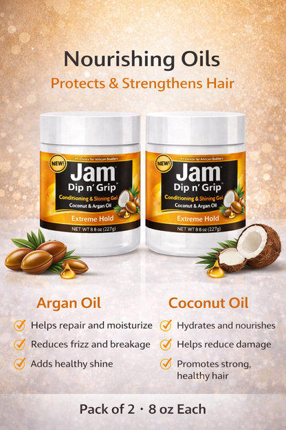 Jam Dip n’ Grip Extreme Hold Hair Gel – Conditioning &amp; Shining Gel with Coconut &amp; Argan Oil Pack of 2 8oz