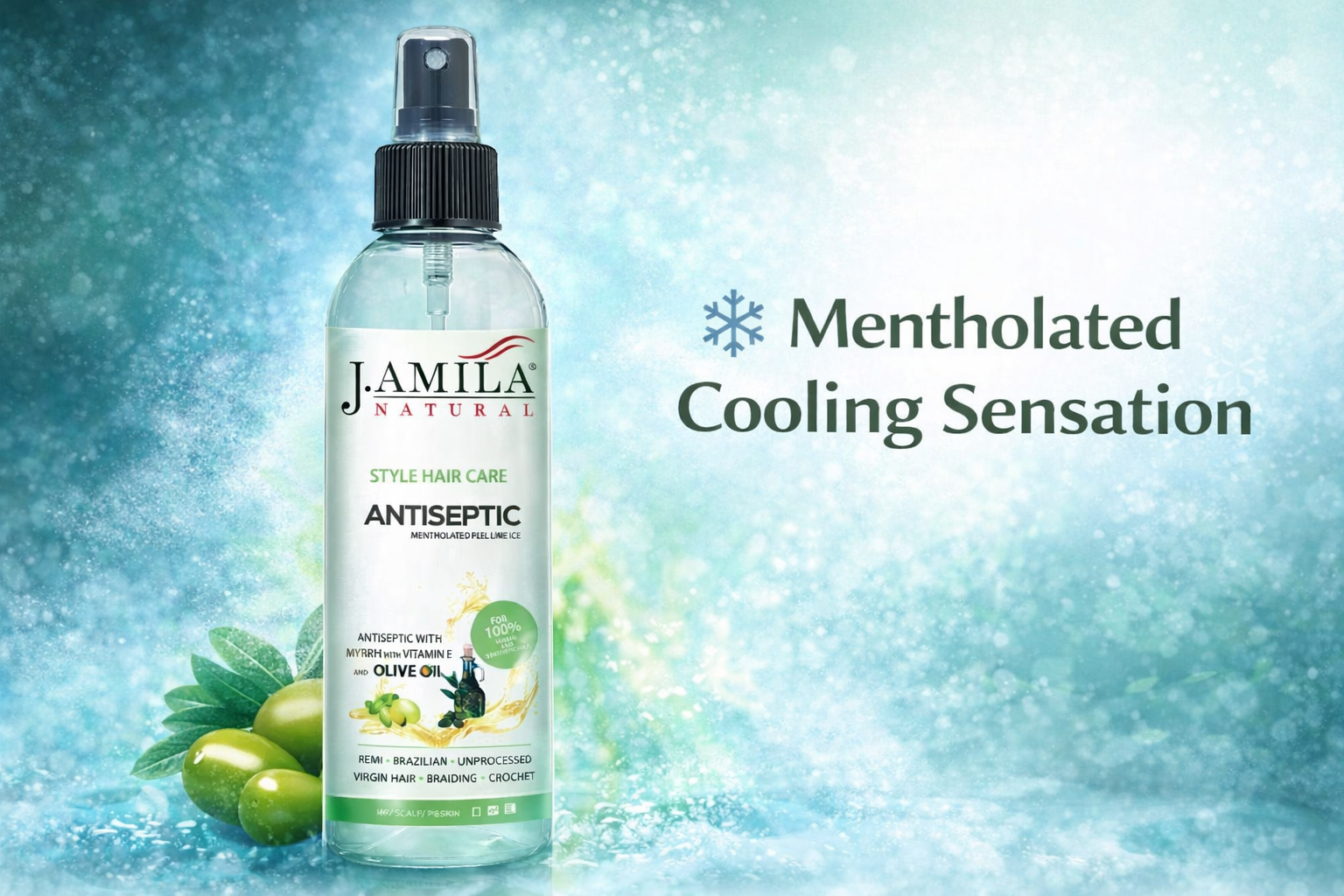 J. Amila Natural Antiseptic Spray with Olive Oil – Mentholated Scalp Relief, Itch Control &amp; Scalp Detox for Wigs, Braids &amp; Natural Hair (8 oz / 237 ml)