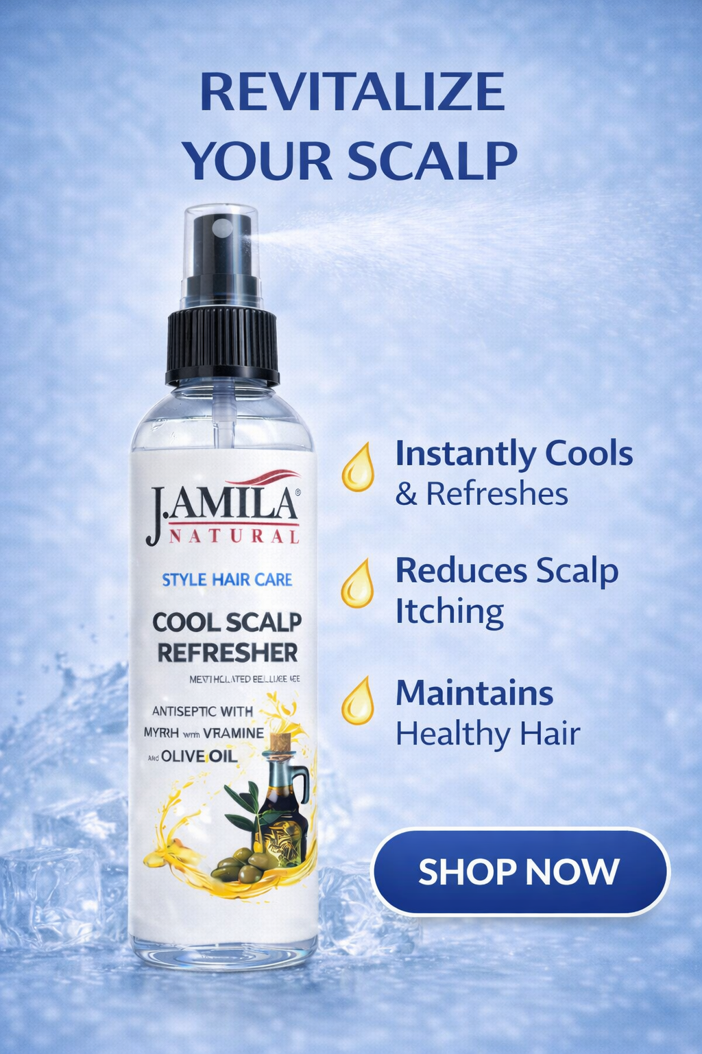 J. AMILA Natural Cool Scalp Refresher with Menthol, Myrrh, Vitamin E &amp; Olive Oil – Cooling Scalp Spray for Braids, Wigs, Natural &amp; Synthetic Hair (8 oz)