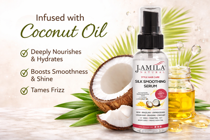 J. Amila Natural Silk Smoothing Serum with cocnut Oil – Heat Protectant, Frizz Control &amp; High Gloss Shine for Natural Hair, Wigs &amp; Extensions (2 oz / 59.2 ml)