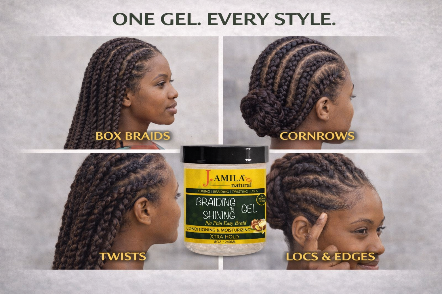 Jamila Natural Award-Winning Braiding ’N Shining Gel – Xtra Hold (8oz / 240ml)