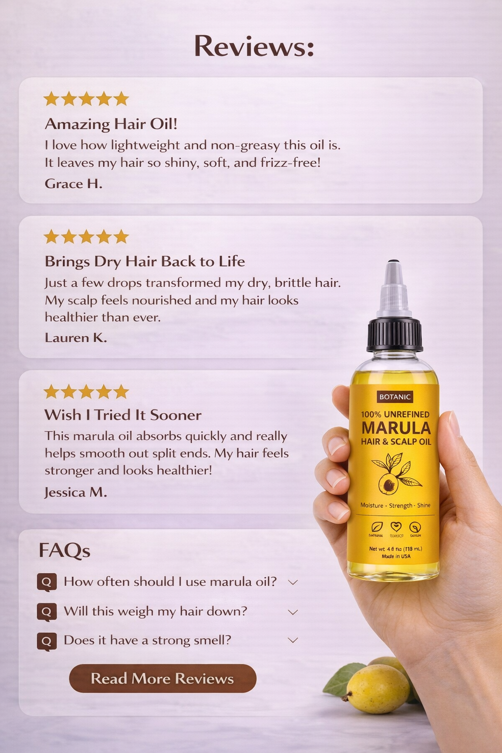 100% Unrefined Marula Hair &amp; Scalp Oil – Moisture, Strength &amp; Shine | Vegan, Cruelty-Free 4 fl oz (118 mL)