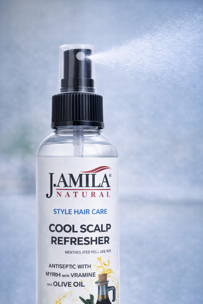 J. AMILA Natural Cool Scalp Refresher with Menthol, Myrrh, Vitamin E &amp; Olive Oil – Cooling Scalp Spray for Braids, Wigs, Natural &amp; Synthetic Hair (8 oz)