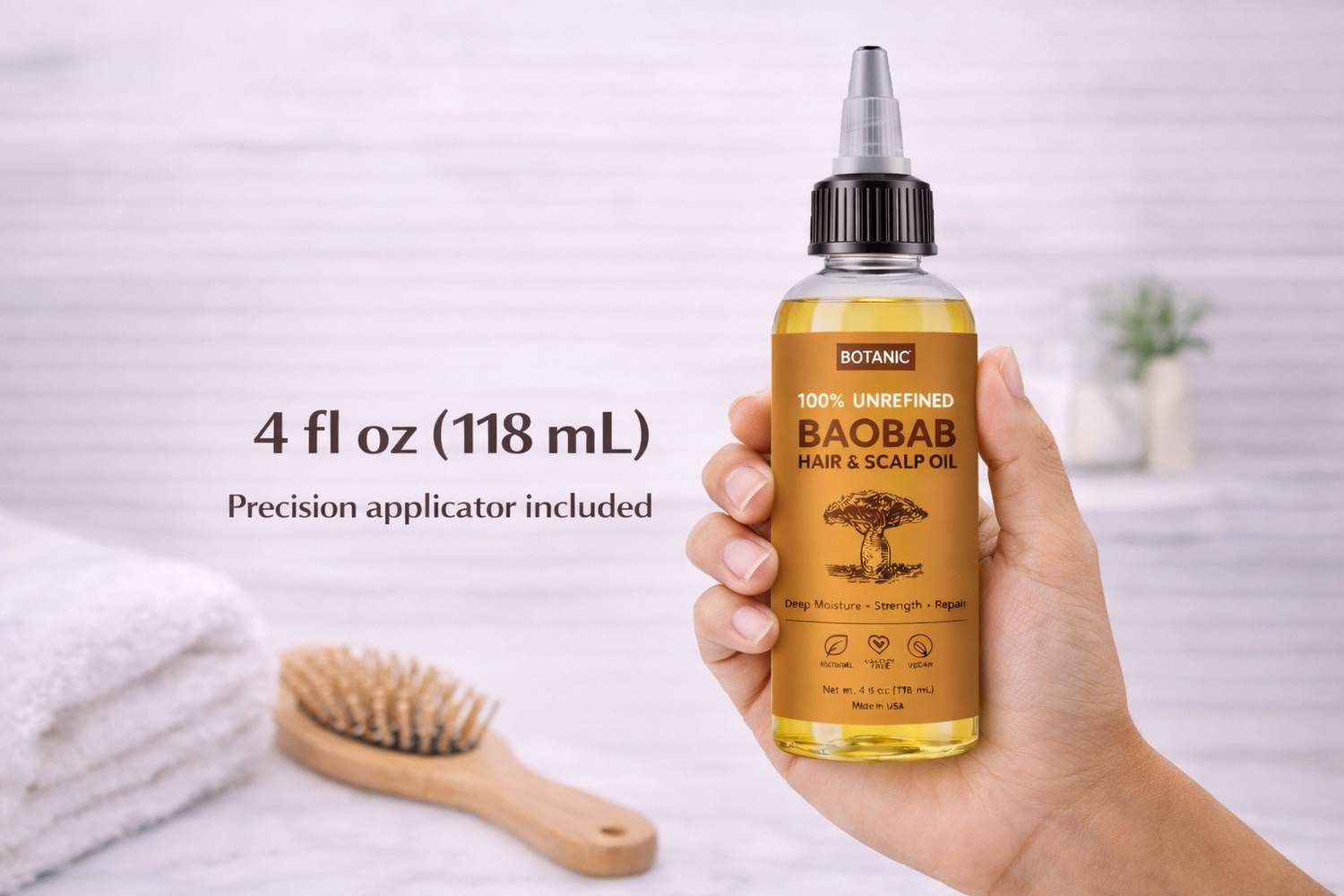 100% Unrefined Baobab Hair &amp; Scalp Oil – Deep Moisture, Strength &amp; Repair | Vegan, Cruelty-Free 4 fl oz (118 mL)