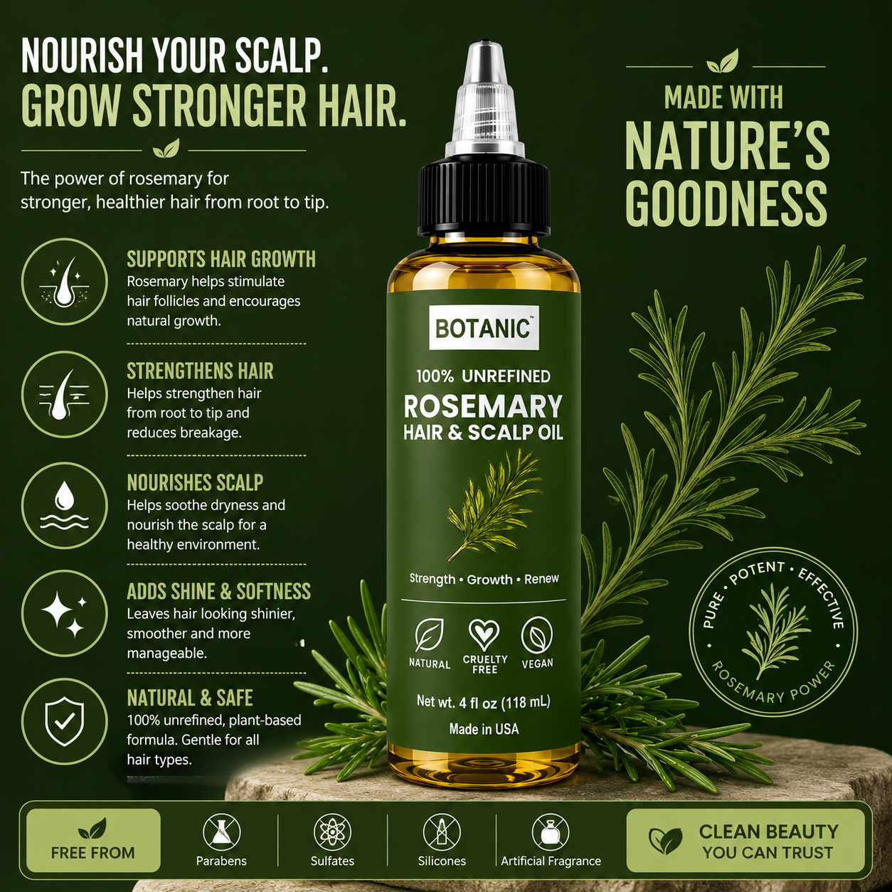 BOTANIC 100% Unrefined Rosemary Hair &amp; Scalp Oil – Hair Growth &amp; Scalp Nourishing Treatment – 4 fl oz (118 mL)