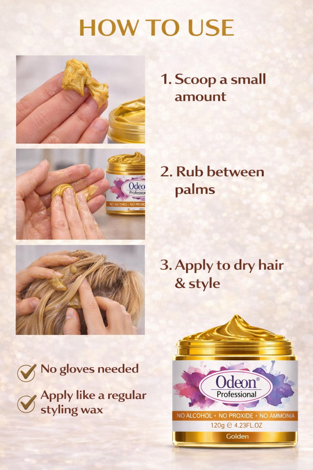 Odeon Professional Hair Color Wax Temporary Hair Dye For Women &amp; Men Gold (4.23oz)