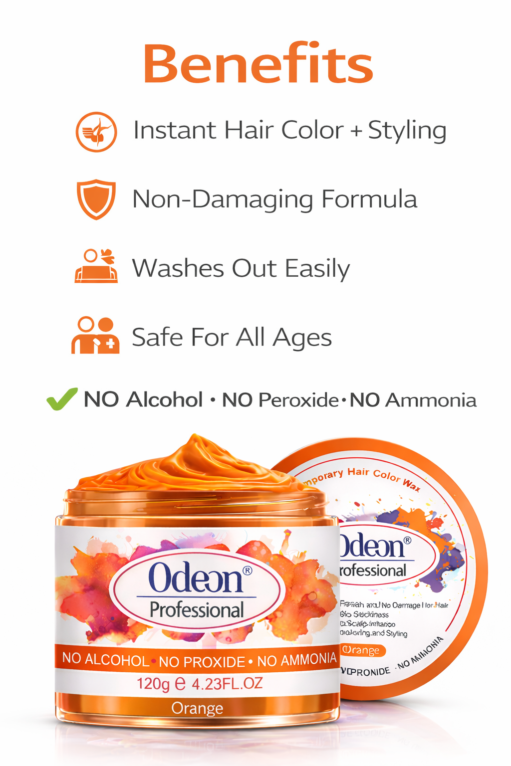 Odeon Professional Orange Hair Color Wax, Temporary Hair Dye for Women &amp; Men (4.23oz)