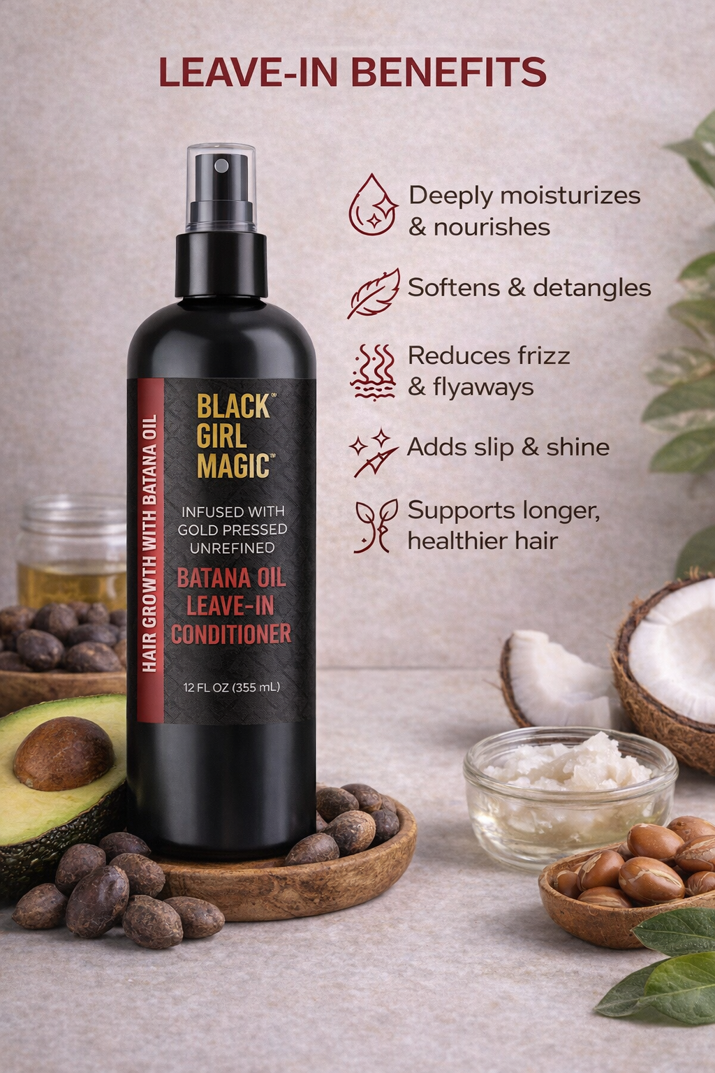 Black Girl Magic infused with gold press, unrefined Batana oil leave in conditioner 12 Oz