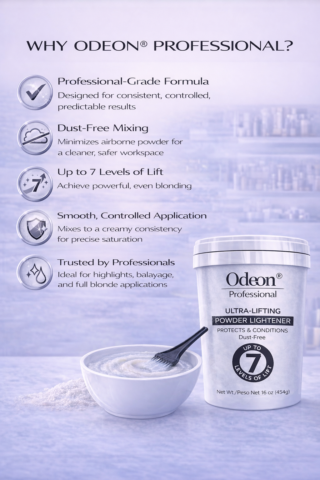 Odeon® Professional Ultra-Lifting Powder Lightener – Dust-Free Bleach, Up to 7 Levels of Lift (16 Oz)