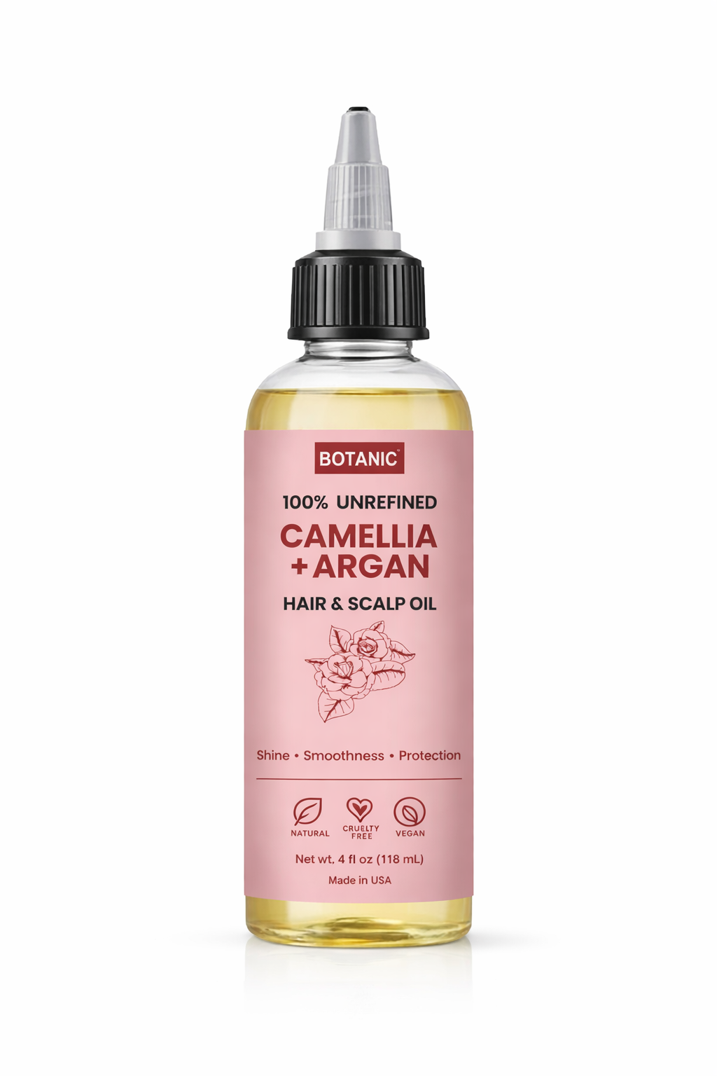 100% Unrefined Camellia + Argan Hair &amp; Scalp Oil – Shine, Smoothness &amp; Protection | Vegan, Cruelty-Free 4 fl oz (118 mL)