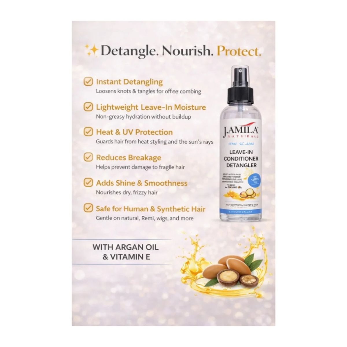J. AMILA Natural Leave-In Conditioner &amp; Detangler with Vitamin E &amp; Argan Oil – Heat &amp; UV Protection for Natural, Wigs, Braids &amp; Synthetic Hair (8 oz)