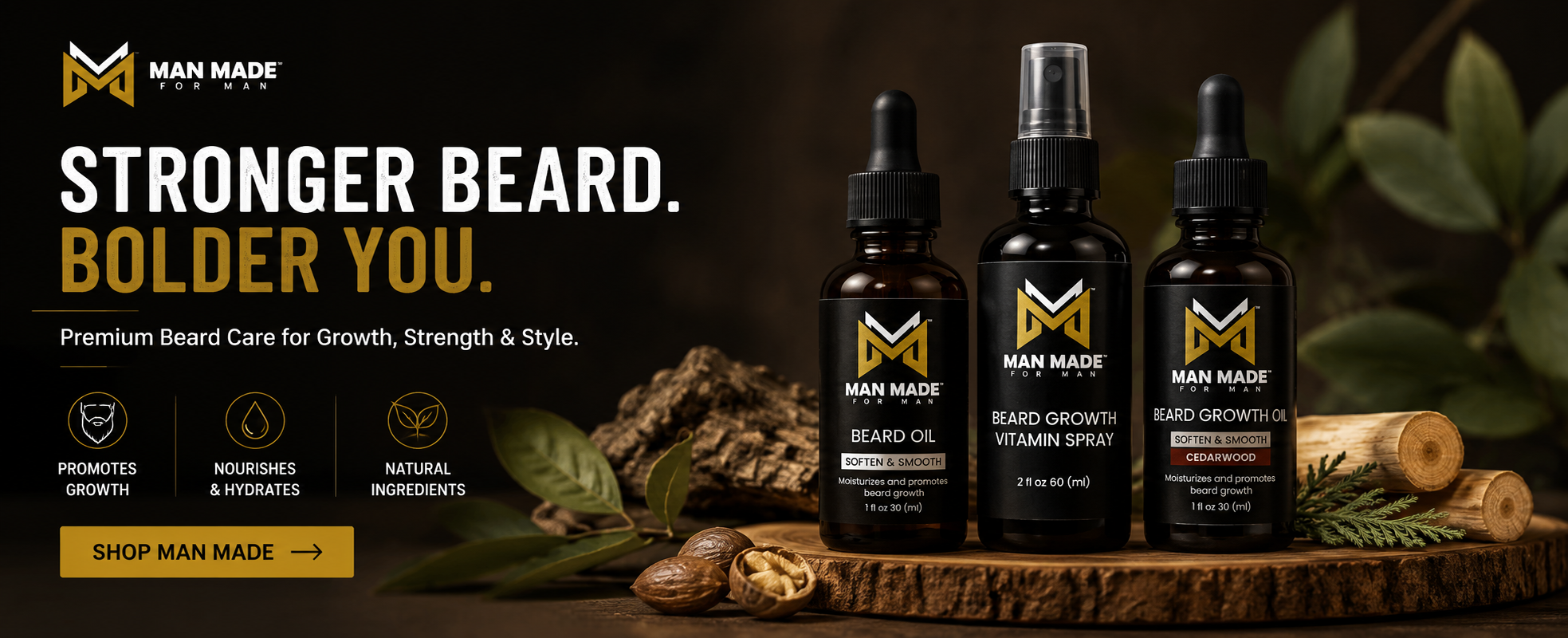 Man Made beard care products on a wooden surface with leaves and natural elements.