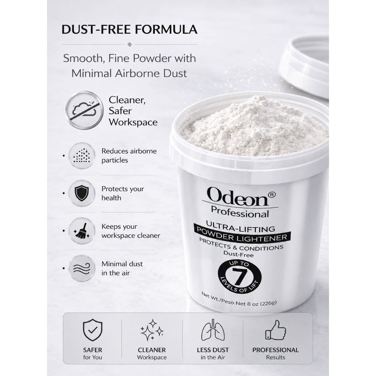 Odeon® Professional Ultra-Lifting Powder Lightener – Dust-Free Bleach, Up to 7 Levels of Lift (8 Oz)