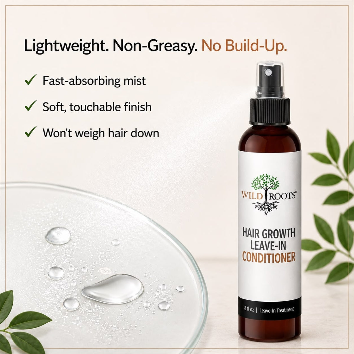 Wild Roots Hair Growth Leave-In Conditioner Spray – Thickening, Strengthening &amp; Volume Boost Treatment (8oz)