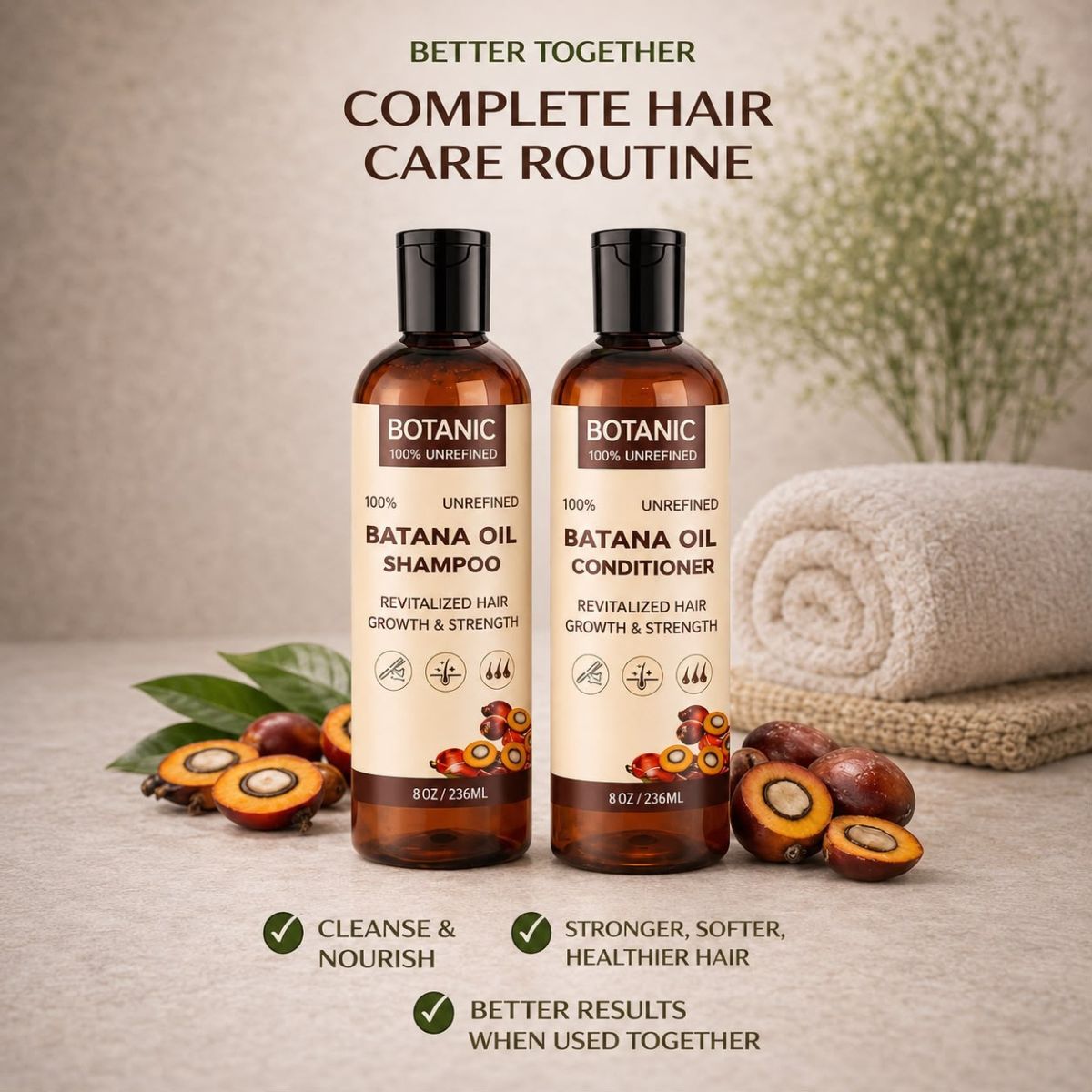 Botanic Hair Care 100% Unrefined Batana Oil Shampoo + Conditioner Bundle Complete Hair Care System 8oz