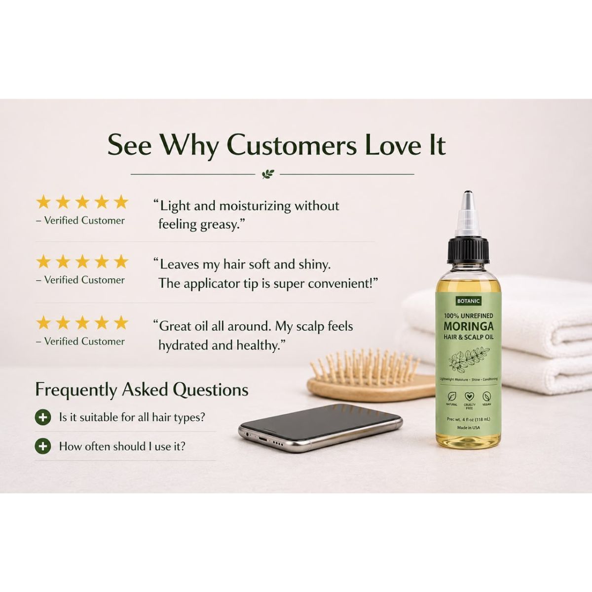 100% Unrefined Moringa Hair &amp; Scalp Oil Lightweight Moisture, Shine &amp; Conditioning | Vegan, Cruelty-Free 4 fl oz (118 mL)