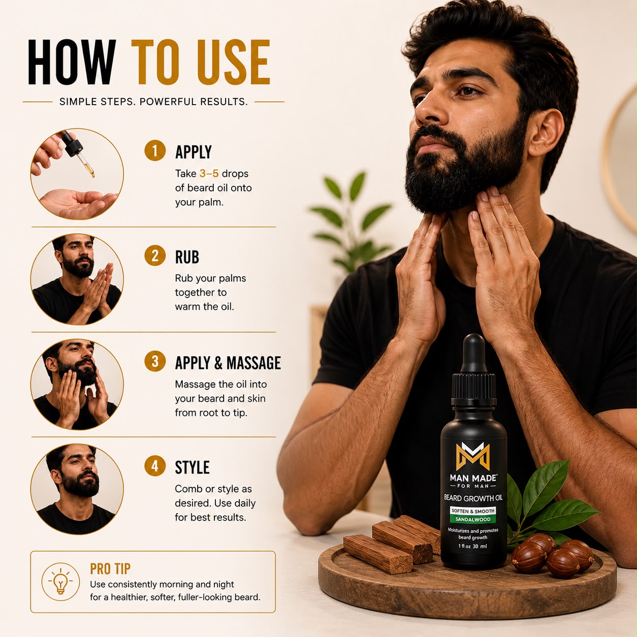 Man Made Sandalwood Beard Growth Oil | Fuller, Softer &amp; Healthier Beard