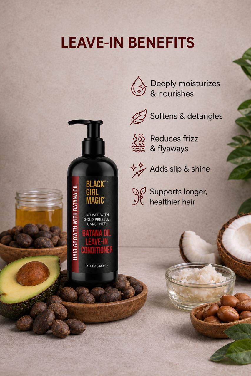 Black Girl Magic infused with gold press, unrefined Batana oil leave in conditioner 12 Oz