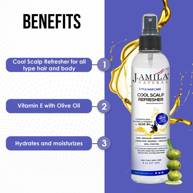 J. AMILA Natural Hair Care Cool Scalp Refresher Scalp Healing, Remove Dirt, Clean Scalp &amp; Body, Reduce Frizz, Softness and Shine with Vitamin E &amp; Olive Oil 8 oz