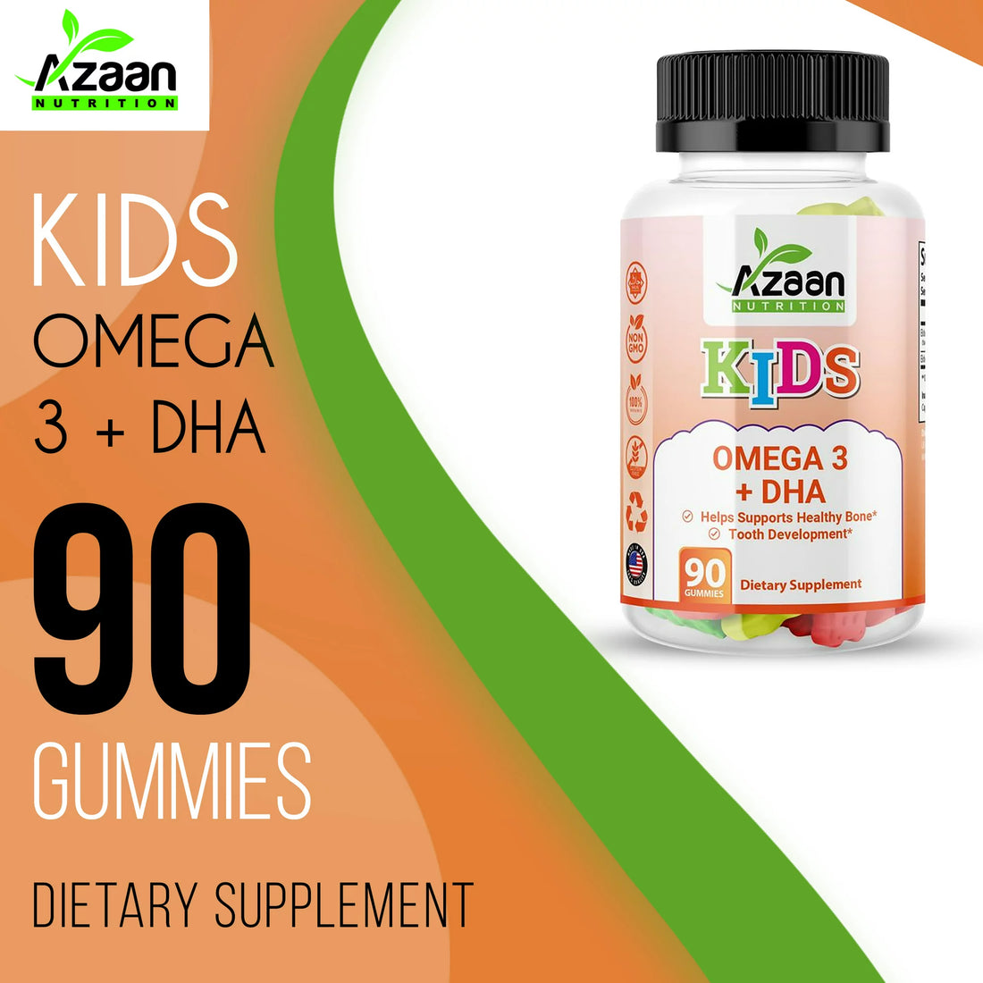 Azaan Kids Halal Vegan Omega 3 + DHA Gummies Support Brain, Heart, Immune Health - Delicious &amp; Nutritious!