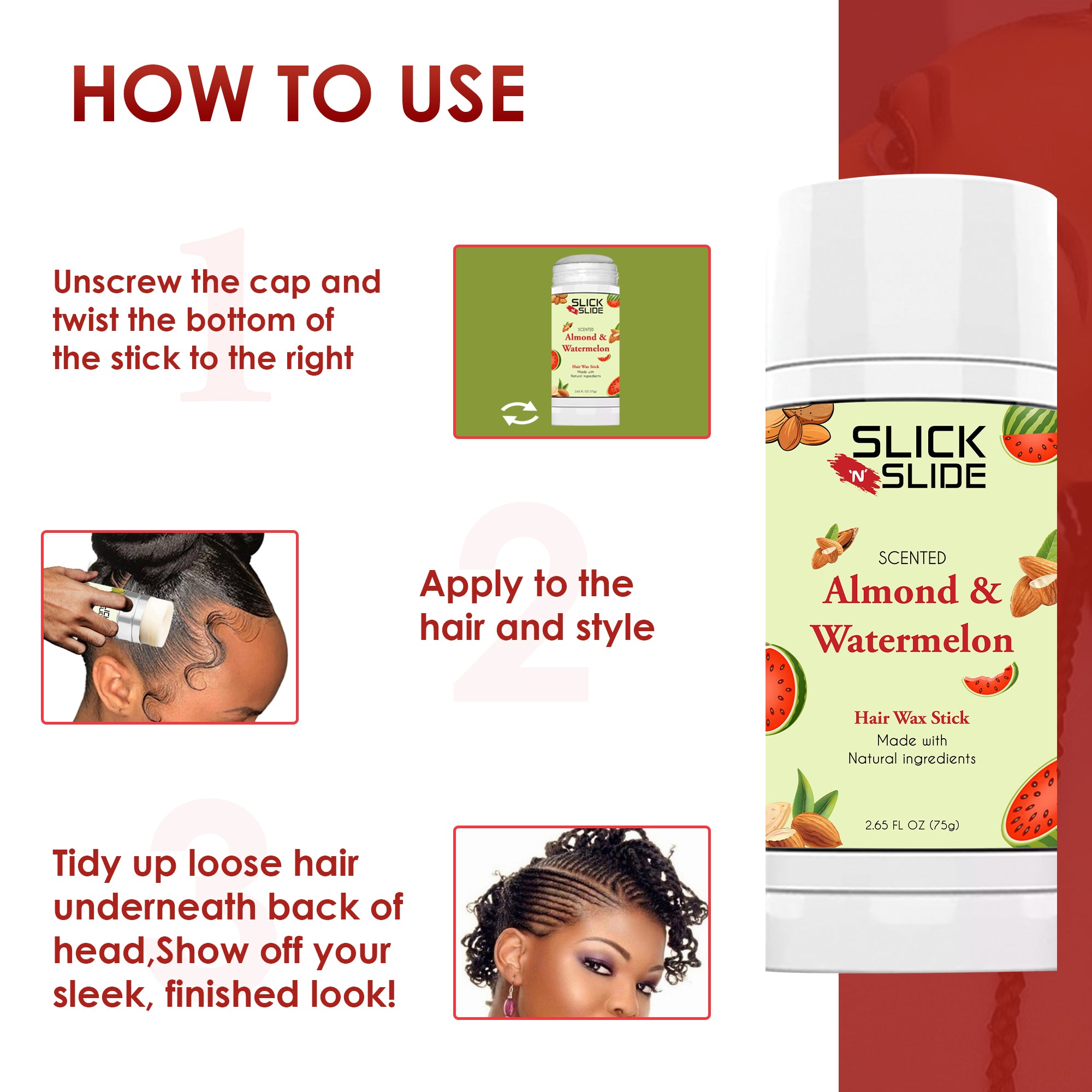 Slick N Slide Almond &amp; Watermelon Hair Wax Stick 2.7 fl oz