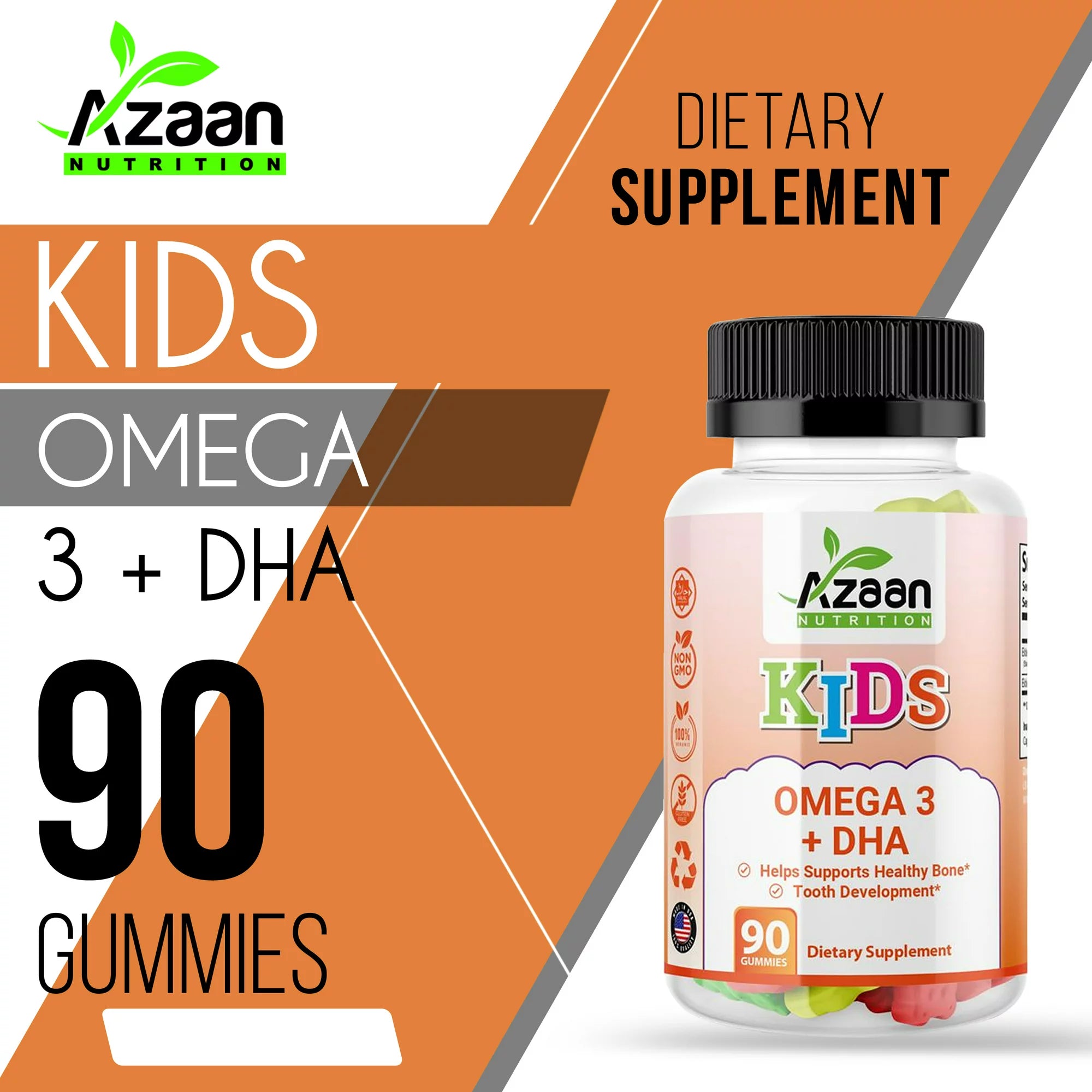 Azaan Kids Halal Vegan Omega 3 + DHA Gummies Support Brain, Heart, Immune Health - Delicious &amp; Nutritious!